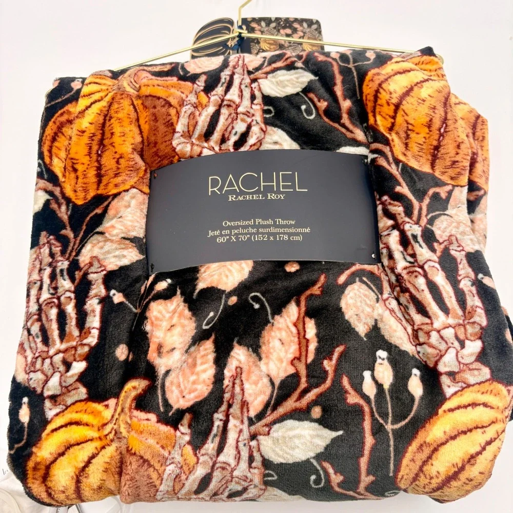 Rachel Roy Pumpkin Skeleton Hand Oversized Plush Throw Blanket 60x70 Halloween